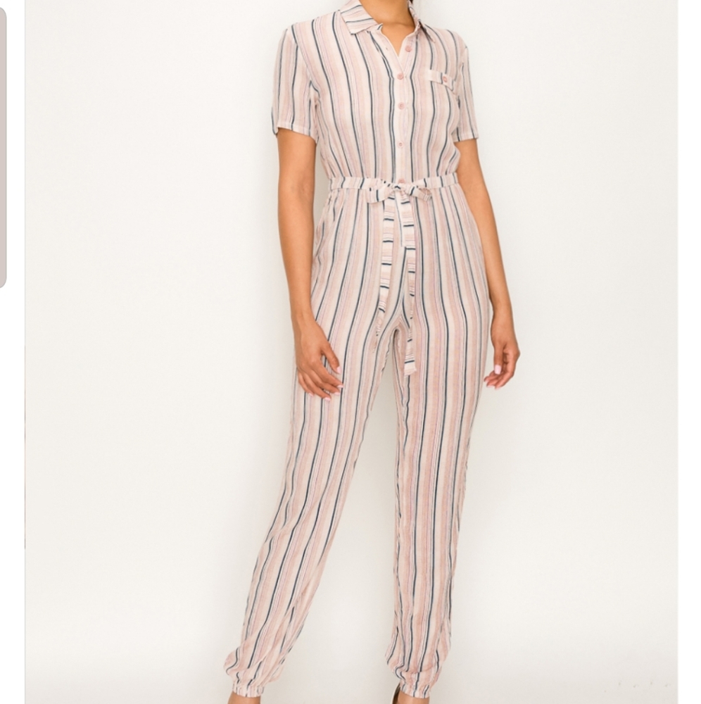 Striped button front tie waisted Jumpsuit